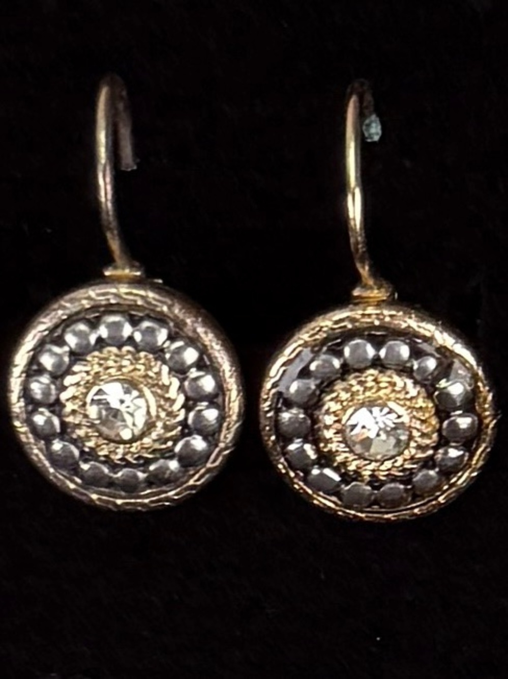 Vintage Goldtone, Silvertone Round Drop Pierced Earrings with Crystal Accents